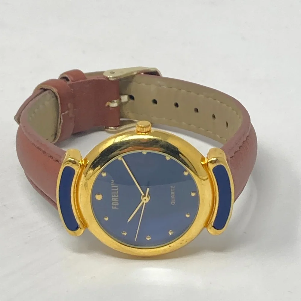 Forelli Watch Women 31mm Gold Tone Blue Dial Domed Crystal New Battery 8.5